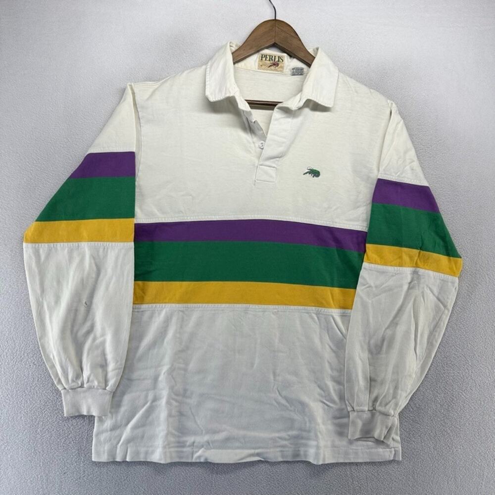 Vintage Perlis rugby Shirt Men's XL White Mardi Gras Made in USA Embroidered 80s